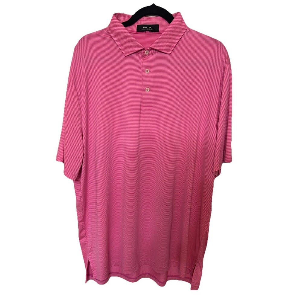 RLX Ralph Lauren Mens Polo Pink Striped Golf Performance Short Sleeves XL ?